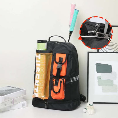 Orange And Black Stylish Sports Backpack with Contrast Pockets - Unisex Gym Bag for Badminton & Tennis