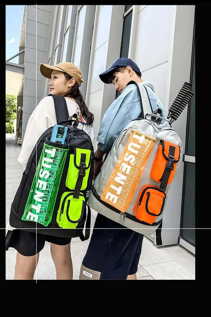 Orange And Black Stylish Sports Backpack with Contrast Pockets - Unisex Gym Bag for Badminton & Tennis