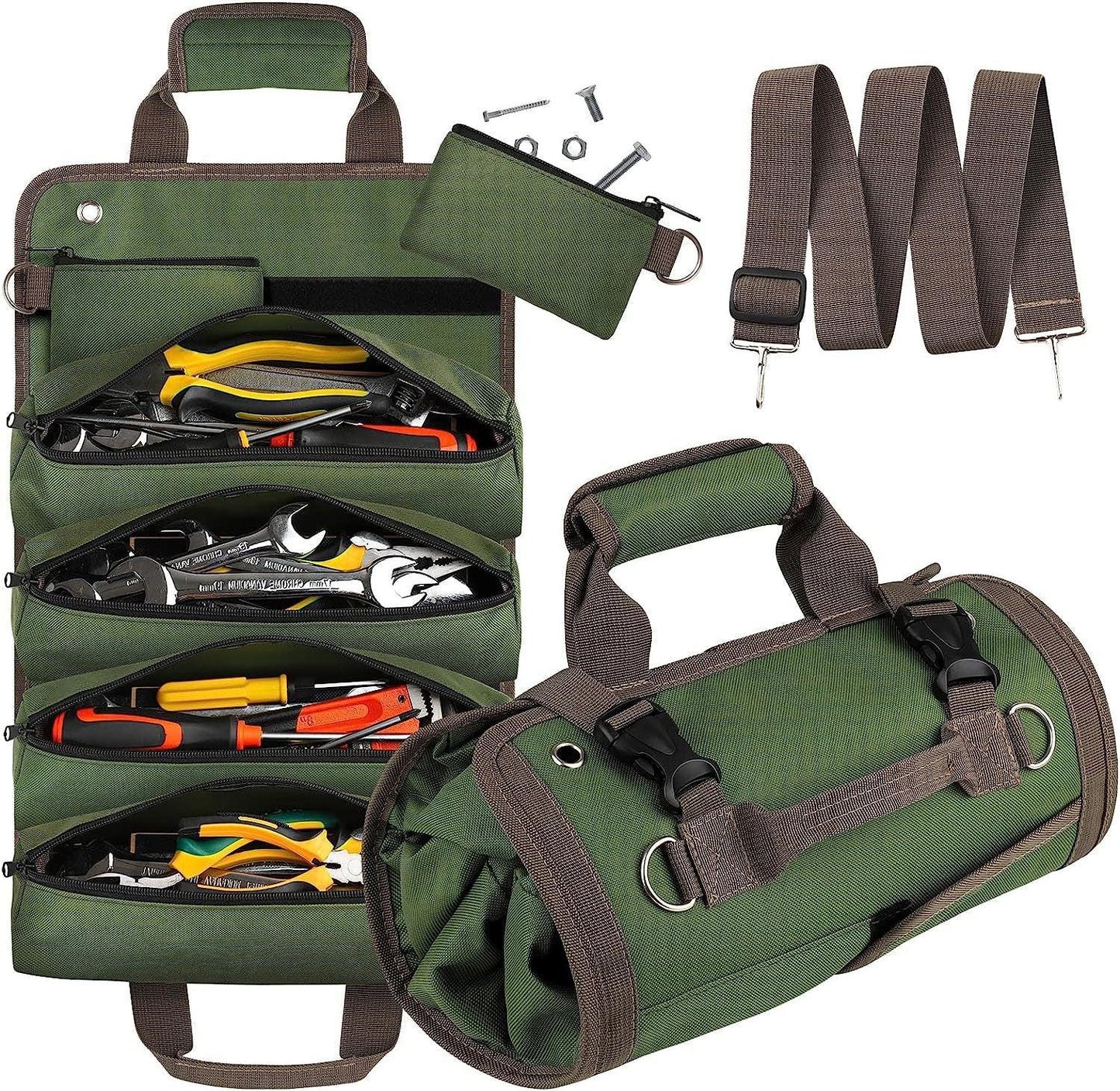 Black Heavy Duty Roll-Up Tool Bag Organizer - Waterproof Oxford Fabric Pouch with Multiple Pockets.