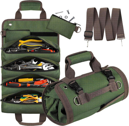 Black Heavy Duty Roll-Up Tool Bag Organizer - Waterproof Oxford Fabric Pouch with Multiple Pockets.
