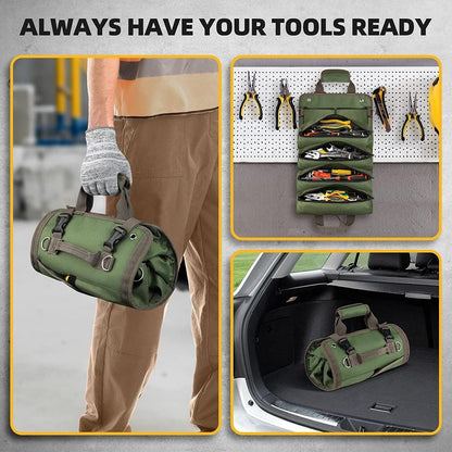 Black Heavy Duty Roll-Up Tool Bag Organizer - Waterproof Oxford Fabric Pouch with Multiple Pockets.