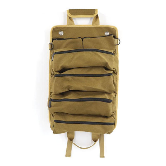 Khaki Heavy Duty Roll-Up Tool Bag Organizer - Waterproof Oxford Fabric Pouch with Multiple Pockets.
