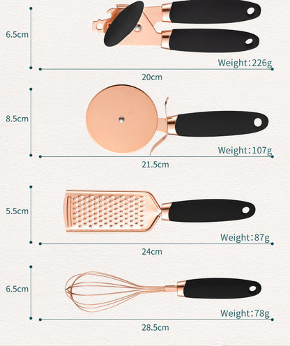 Green And Rose Gold 7-Piece Kitchen Gadget Set - Stainless Steel Utensils with Comfort Grip Handles