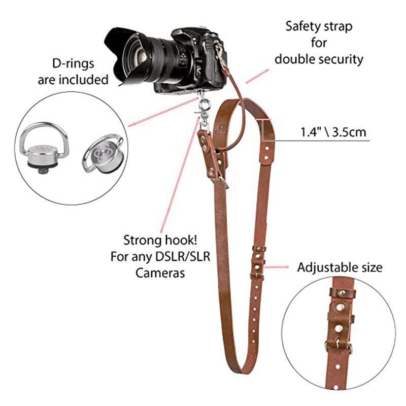 Brown Adjustable Genuine Leather Camera Strap - Crossbody Shoulder Sling for DSLR/SLR(The camera is a prop and is not included).