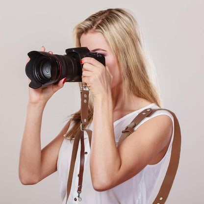 Brown Adjustable Genuine Leather Camera Strap - Crossbody Shoulder Sling for DSLR/SLR(The camera is a prop and is not included).