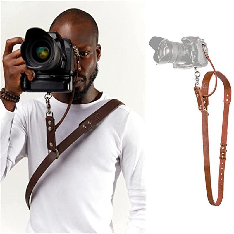 Brown Adjustable Genuine Leather Camera Strap - Crossbody Shoulder Sling for DSLR/SLR(The camera is a prop and is not included).