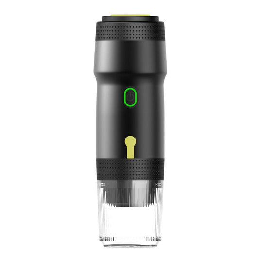 Black 3-in-1 Portable Electric Espresso Maker - Rechargeable Travel Coffee Machine for Capsules & Ground Coffee.