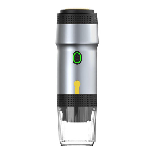 Silver 3-in-1 Portable Electric Espresso Maker - Rechargeable Travel Coffee Machine for Capsules & Ground Coffee.