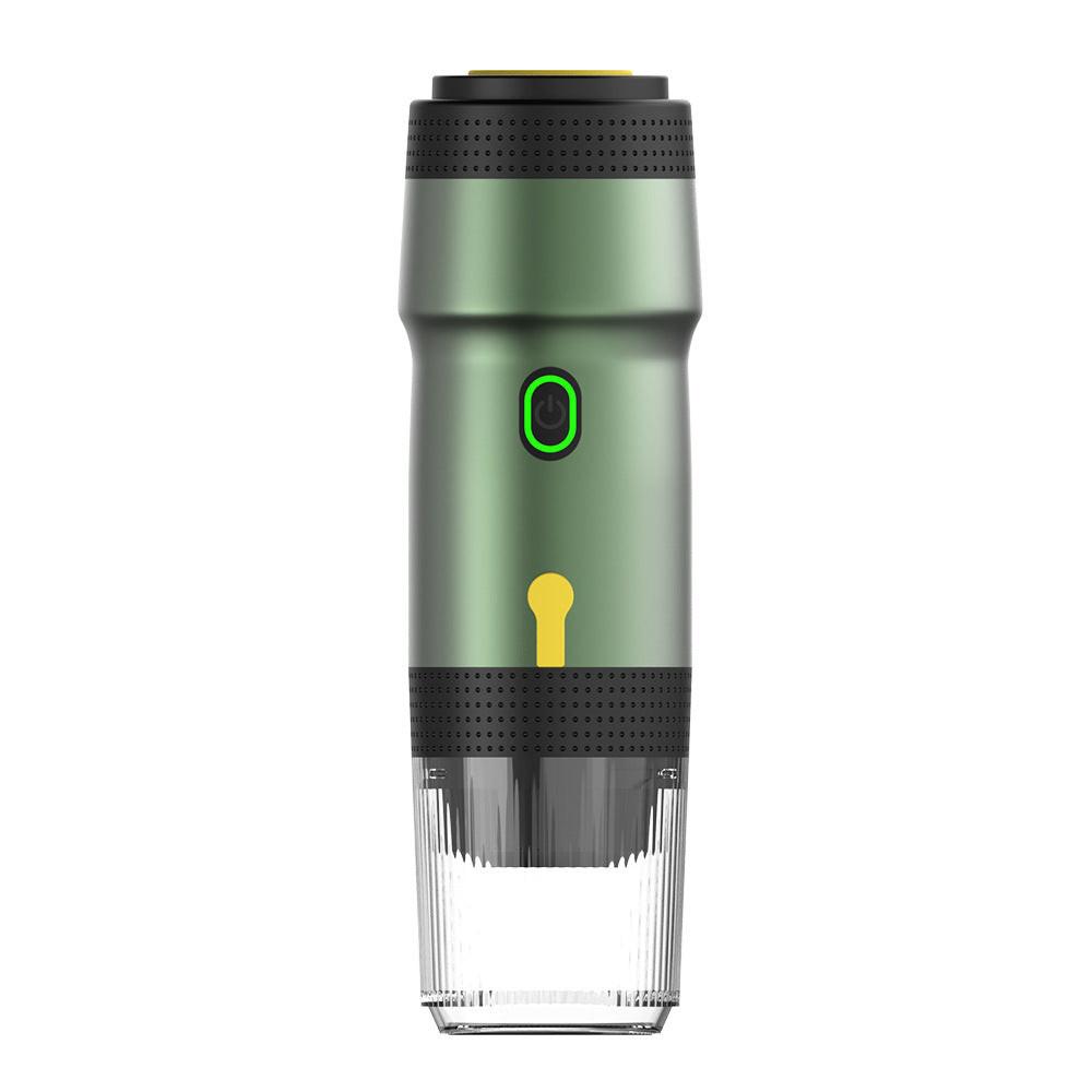 Green 3-in-1 Portable Electric Espresso Maker - Rechargeable Travel Coffee Machine for Capsules & Ground Coffee.