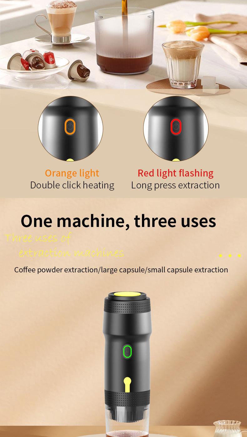 Green 3-in-1 Portable Electric Espresso Maker - Rechargeable Travel Coffee Machine for Capsules & Ground Coffee.