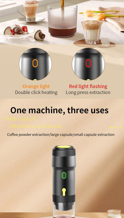 Green 3-in-1 Portable Electric Espresso Maker - Rechargeable Travel Coffee Machine for Capsules & Ground Coffee.