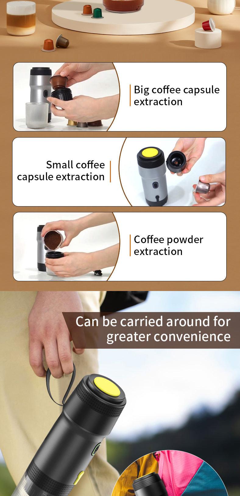 Green 3-in-1 Portable Electric Espresso Maker - Rechargeable Travel Coffee Machine for Capsules & Ground Coffee.