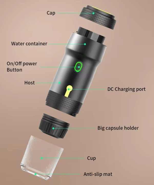 Green 3-in-1 Portable Electric Espresso Maker - Rechargeable Travel Coffee Machine for Capsules & Ground Coffee.