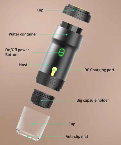Green 3-in-1 Portable Electric Espresso Maker - Rechargeable Travel Coffee Machine for Capsules & Ground Coffee.