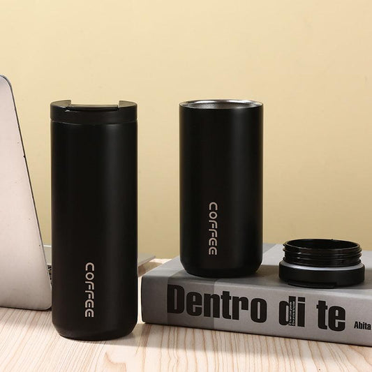Black Sleek Insulated Stainless Steel Coffee Tumbler Set (400ml & 500ml) - One-Touch Lid Travel Mugs.