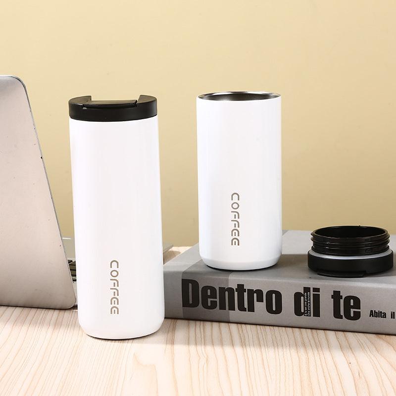 White Sleek Insulated Stainless Steel Coffee Tumbler Set (400ml & 500ml) - One-Touch Lid Travel Mugs.