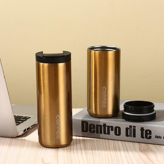Gold Sleek Insulated Stainless Steel Coffee Tumbler Set (400ml & 500ml) - One-Touch Lid Travel Mugs.