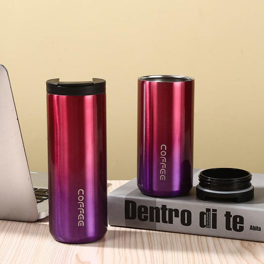 Red And Purple Gradient Color Sleek Insulated Stainless Steel Coffee Tumbler Set (400ml & 500ml) - One-Touch Lid Travel Mugs.