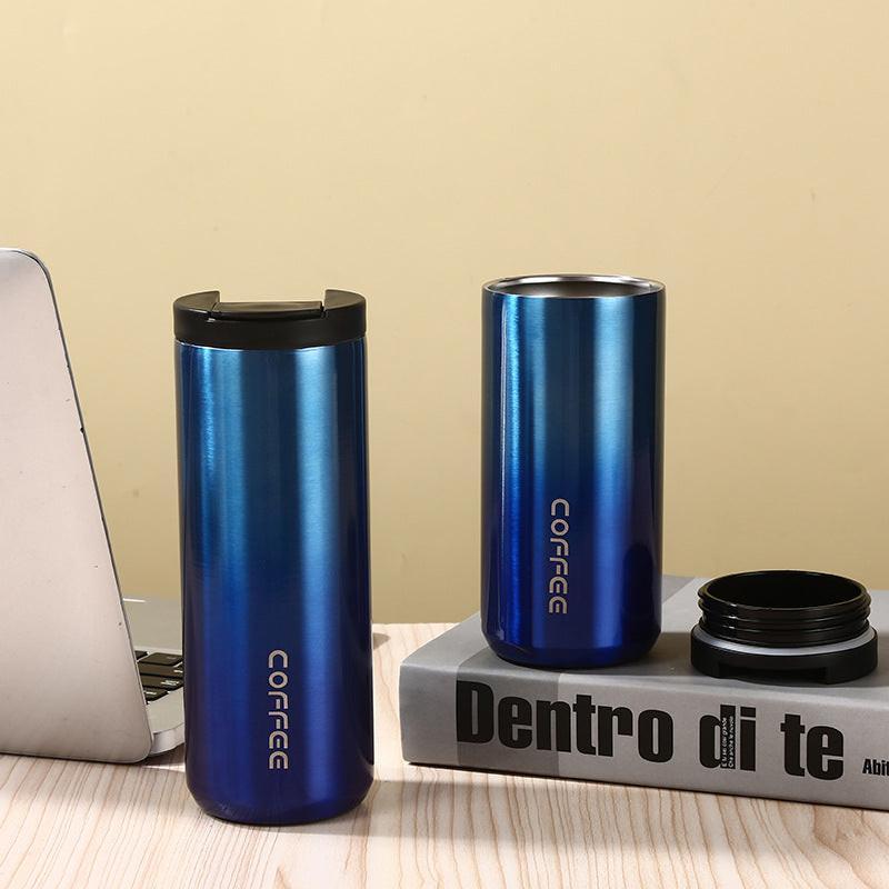 Blue Gradient Color Sleek Insulated Stainless Steel Coffee Tumbler Set (400ml & 500ml) - One-Touch Lid Travel Mugs.