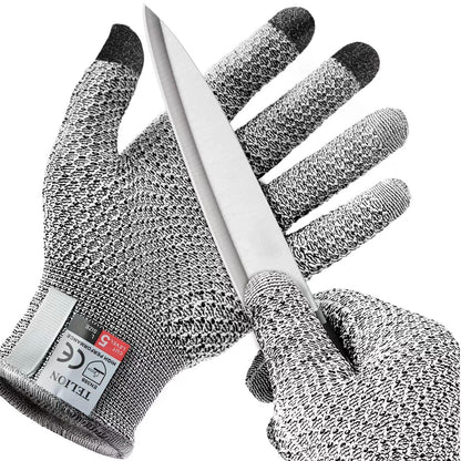 Grey 3-Pack Cut Resistant Gloves (Level 5 Protection) - Pineapple Grip, Touchscreen Compatible, Food Safe for Kitchen, Butcher & Fish Cleaning - One Size Fits Most.