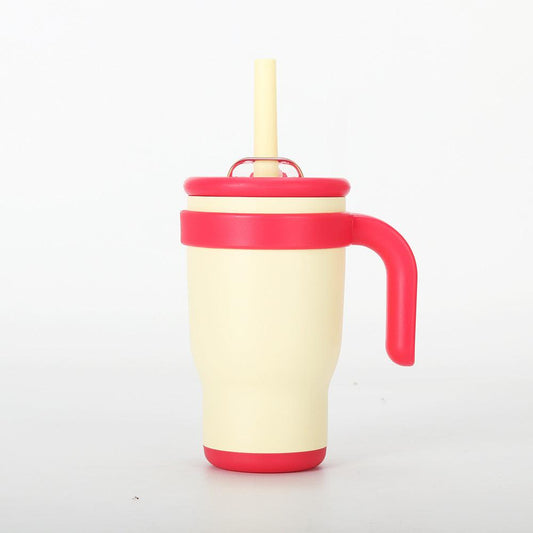 Beige-red 14oz Insulated Tumbler with Handle & Straw - 304 Stainless Steel Car Cup (Contrast Color).