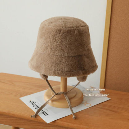 Plush Bucket Hat with Ear Flaps,Warm Furry Winter Hat in Black-One size (54-59cm) adjustable