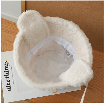 Plush Bucket Hat with Ear Flaps,Warm Furry Winter Hat in Black-One size (54-59cm) adjustable
