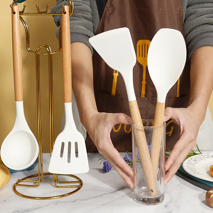 Dark Green 11-Piece Silicone Kitchen Utensil Set with Wooden Handles and Storage Bucket - Heat Resistant and Non-Stick