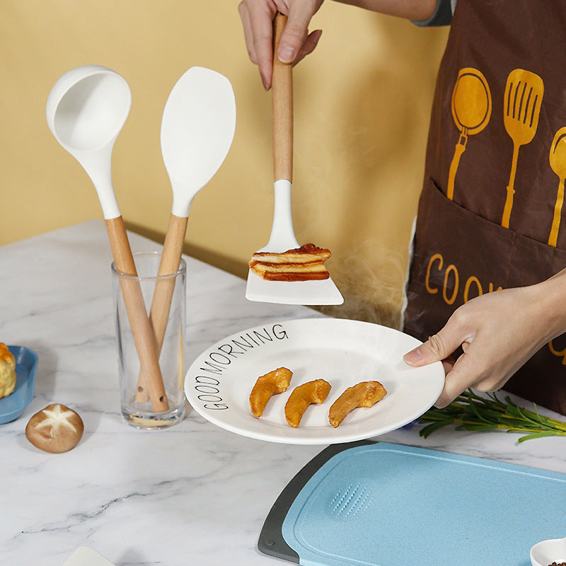 Dark Green 11-Piece Silicone Kitchen Utensil Set with Wooden Handles and Storage Bucket - Heat Resistant and Non-Stick