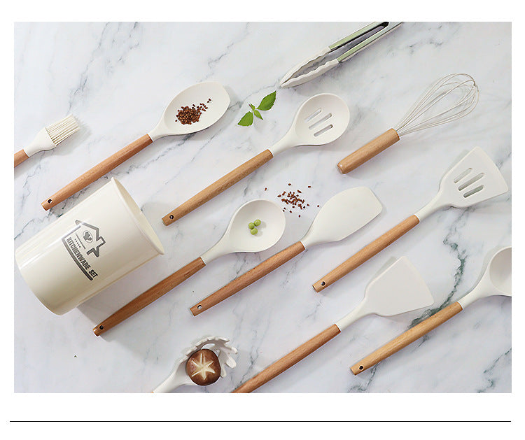 Dark Green 11-Piece Silicone Kitchen Utensil Set with Wooden Handles and Storage Bucket - Heat Resistant and Non-Stick