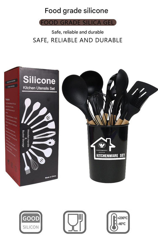 Dark Green 11-Piece Silicone Kitchen Utensil Set with Wooden Handles and Storage Bucket - Heat Resistant and Non-Stick