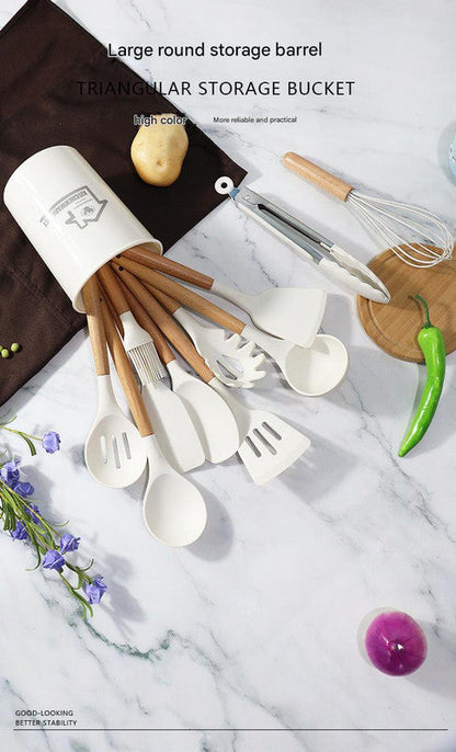 Dark Green 11-Piece Silicone Kitchen Utensil Set with Wooden Handles and Storage Bucket - Heat Resistant and Non-Stick