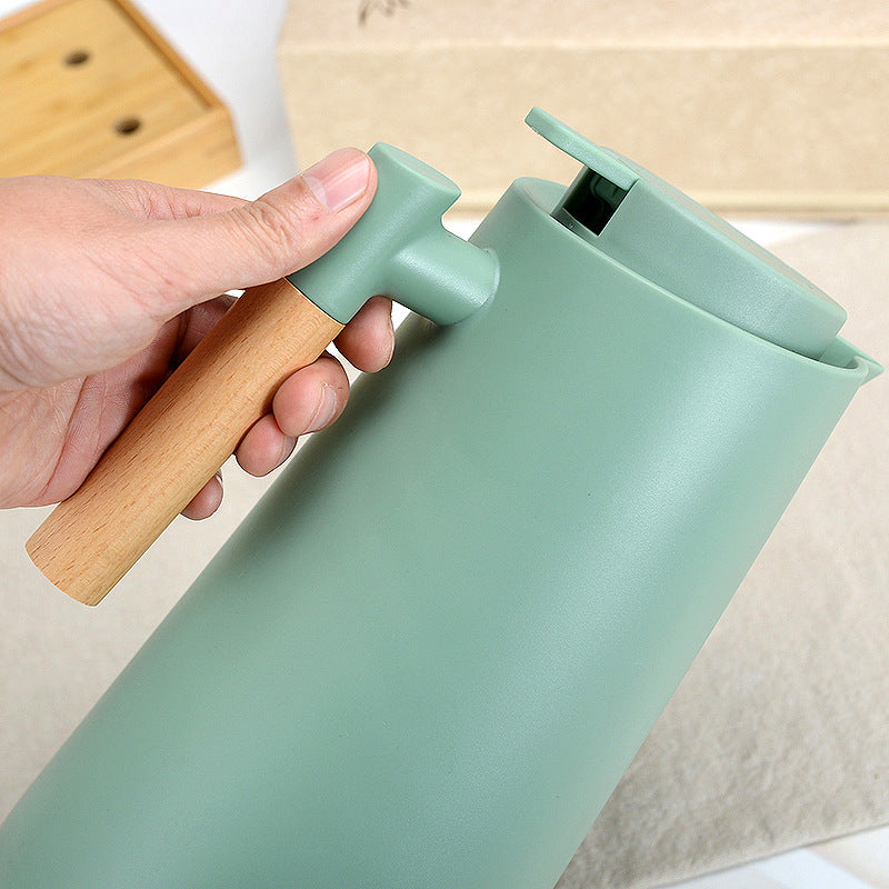 1000ml Red thermos bottle with wooden handle, double-layer glass liner coffee pot, suitable for hot and cold drinks