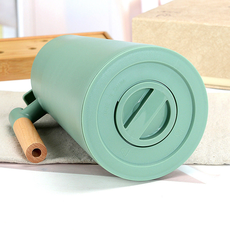1000ml Bamboo Green thermos bottle with wooden handle, double-layer glass liner coffee pot, suitable for hot and cold drinks