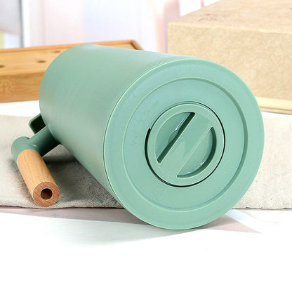 1000ml Bamboo Green thermos bottle with wooden handle, double-layer glass liner coffee pot, suitable for hot and cold drinks