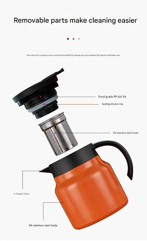 White 316 Stainless Steel Stewing Tea Kettle with Wooden Handle - Insulated Tea and Coffee Kettle with Infuser for Home and Office