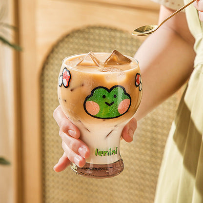 Mini Cartoon Glass Tumbler 400ml,Cute Beer and Juice Cup for Cold Drinks(Green frog)