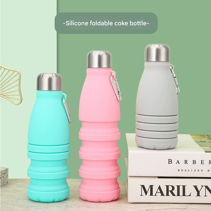 Gray Collapsible Silicone Water Bottle - Portable Sports Hydration Flask with Carabiner, 550ml/300ml