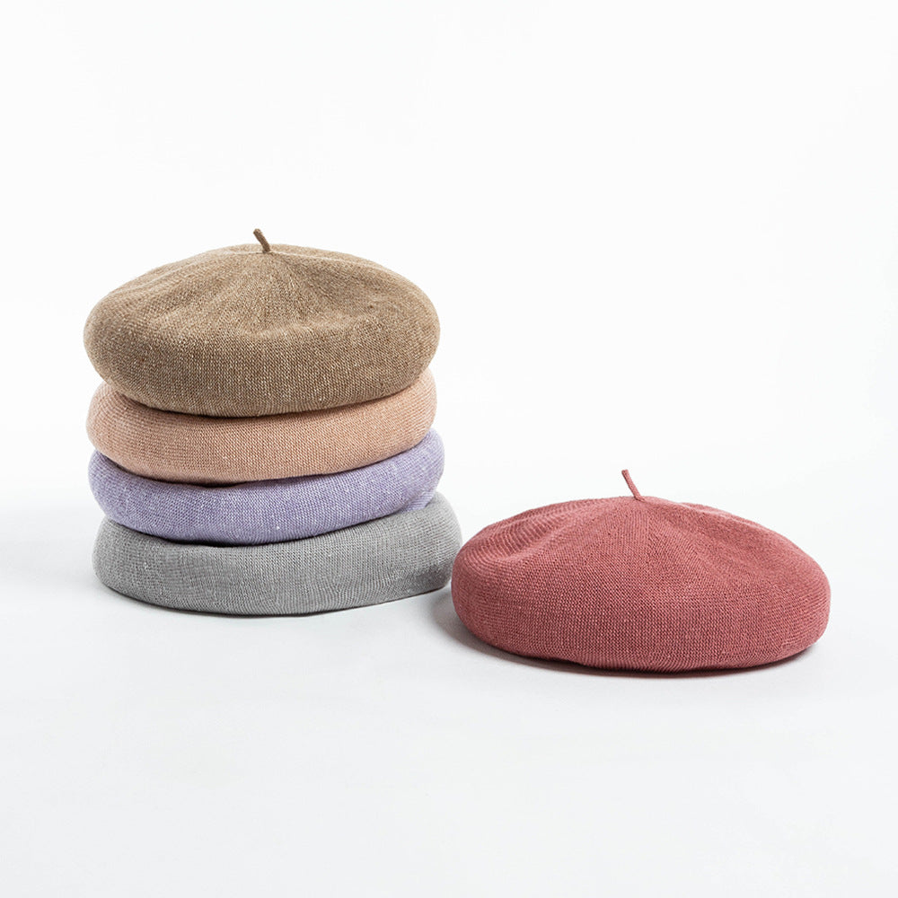 Olive green Linen Knit Beret - Classic Soft and Stylish Headwear