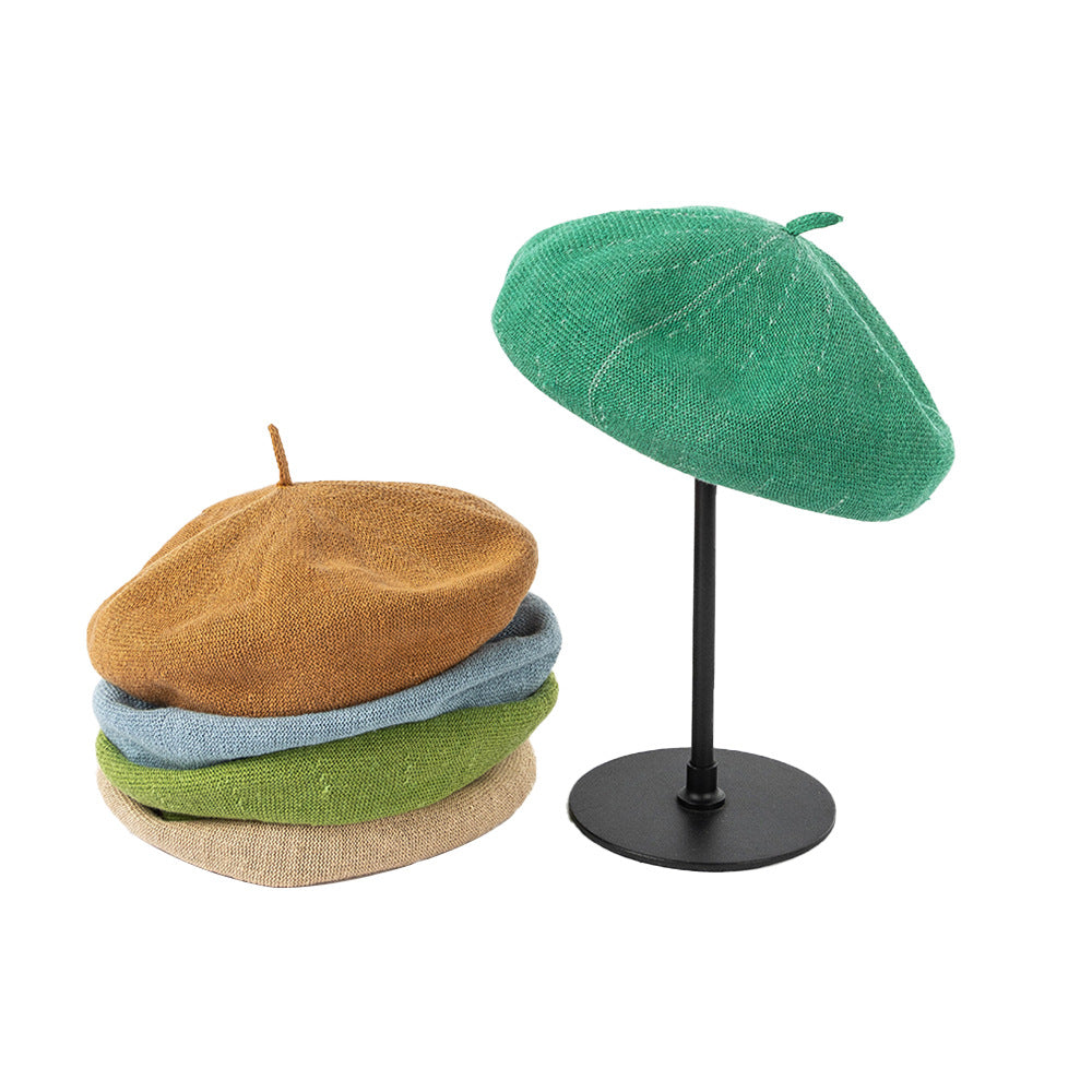 Olive green Linen Knit Beret - Classic Soft and Stylish Headwear