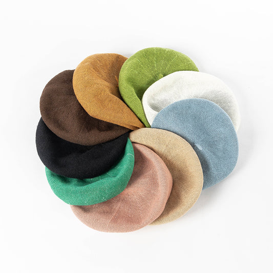 Beige green Linen Knit Beret - Classic Soft and Stylish Headwear