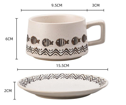 Vintage Ceramic Coffee Cup and Saucer Set - Elegant Afternoon Tea Set(Wave Fish White)