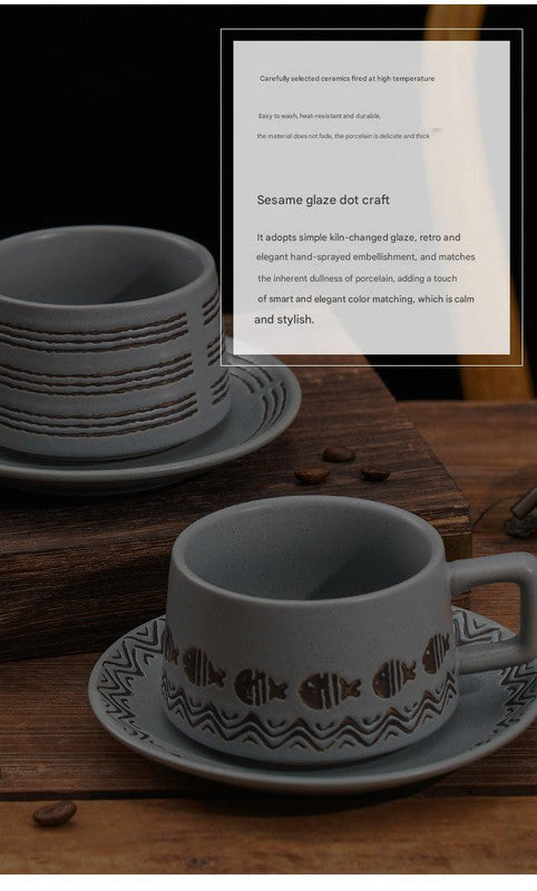 Vintage Ceramic Coffee Cup and Saucer Set - Elegant Afternoon Tea Set(Wave Fish White)