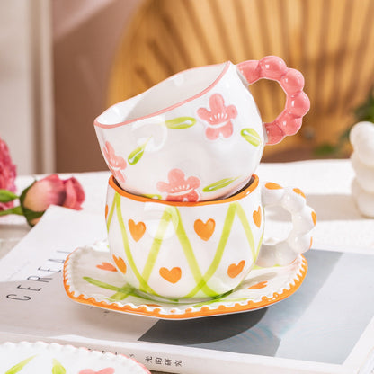 Hand-Painted Ceramic Coffee Mug and Saucer Set - Whimsical Afternoon Tea Cup with Spoon(White cloud-yellow)