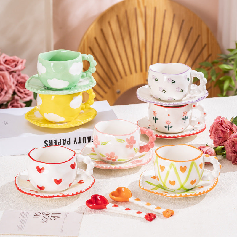 Hand-Painted Ceramic Coffee Mug and Saucer Set - Whimsical Afternoon Tea Cup with Spoon(White cloud-yellow)