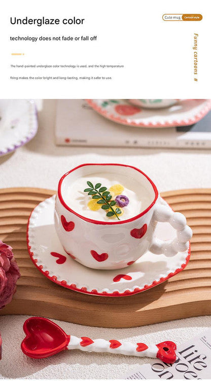 Hand-Painted Ceramic Coffee Mug and Saucer Set - Whimsical Afternoon Tea Cup with Spoon(White cloud-yellow)