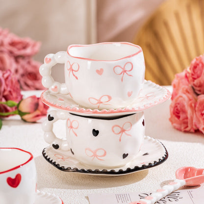 Hand-Painted Ceramic Coffee Mug and Saucer Set - Whimsical Afternoon Tea Cup with Spoon(White cloud-pink)