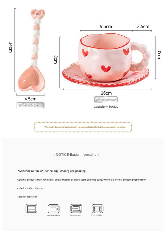 Hand-Painted Ceramic Coffee Mug and Saucer Set - Whimsical Afternoon Tea Cup with Spoon(White cloud-pink)