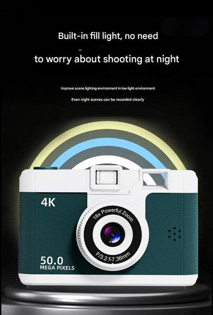 Compact 4K Digital Camera - 50MP, 16x Zoom, 2.4-inch IPS Screen, WiFi & Fill Light - Retro CCD Style(White).