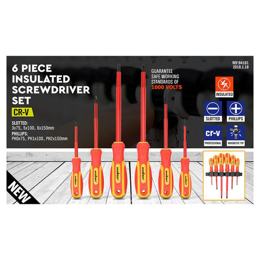 6-Piece Insulated Screwdriver Set - 1000V Rated, CR-V Steel with Magnetic Tips & Wall Rack.